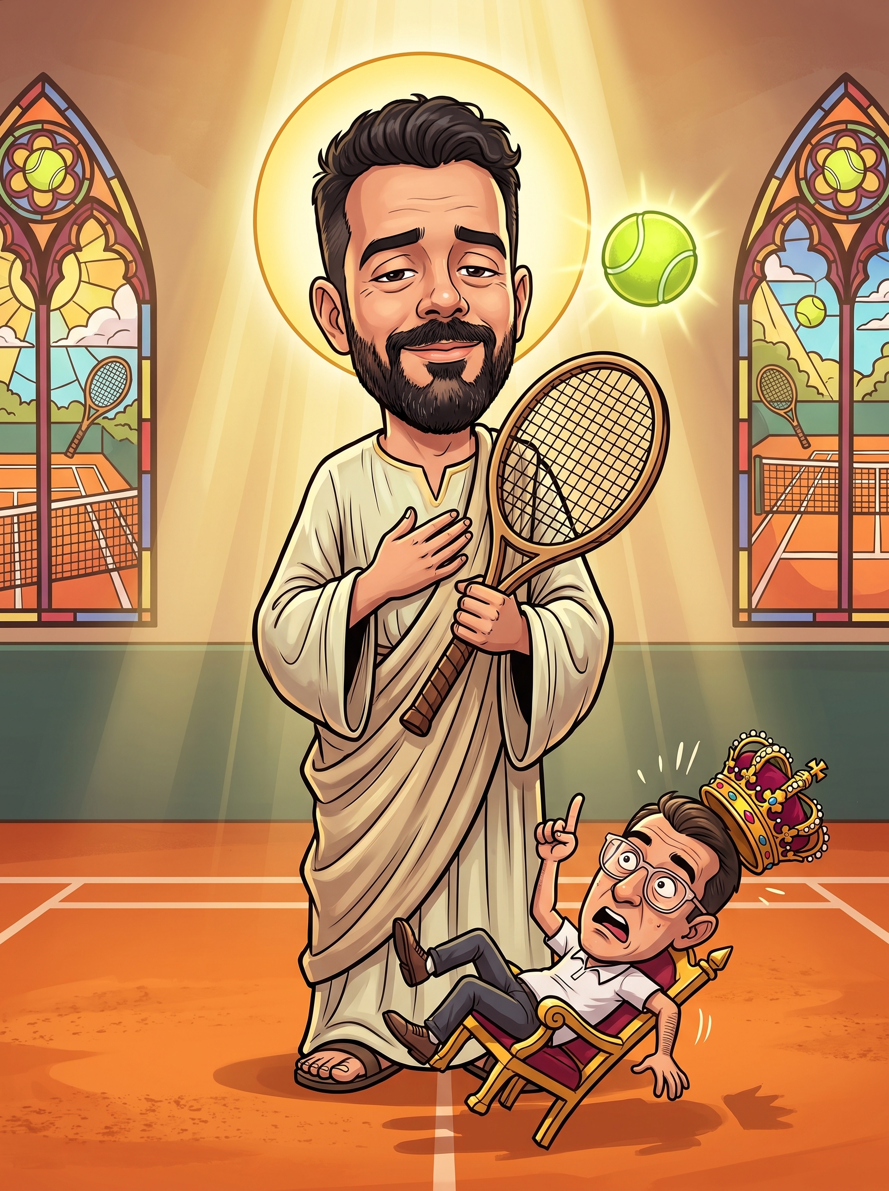 São Juliano canonizado com raquete e o presidente Tiago Issa caído do trono aos seus pés — ilustração de capa